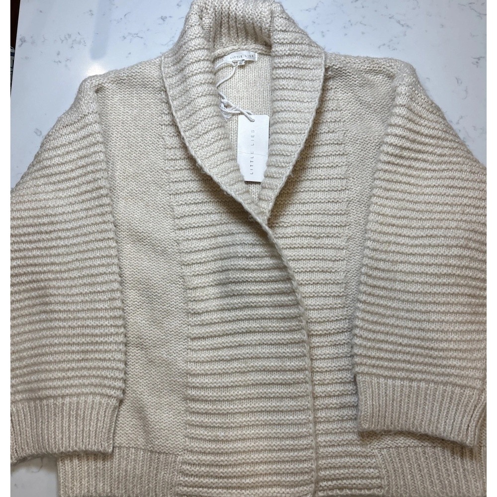 Chunky Knit Cardigan Sweater "Little Lies" Ribbed Boho Cozy Ivory Women's S/M - Picture 2 of 10